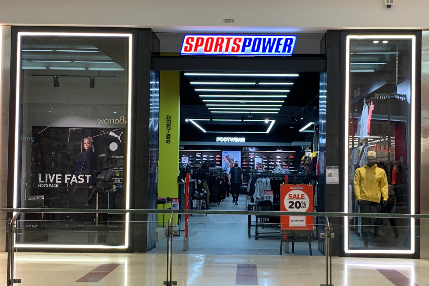 SportsPower store entrance with glass doors and interior visible